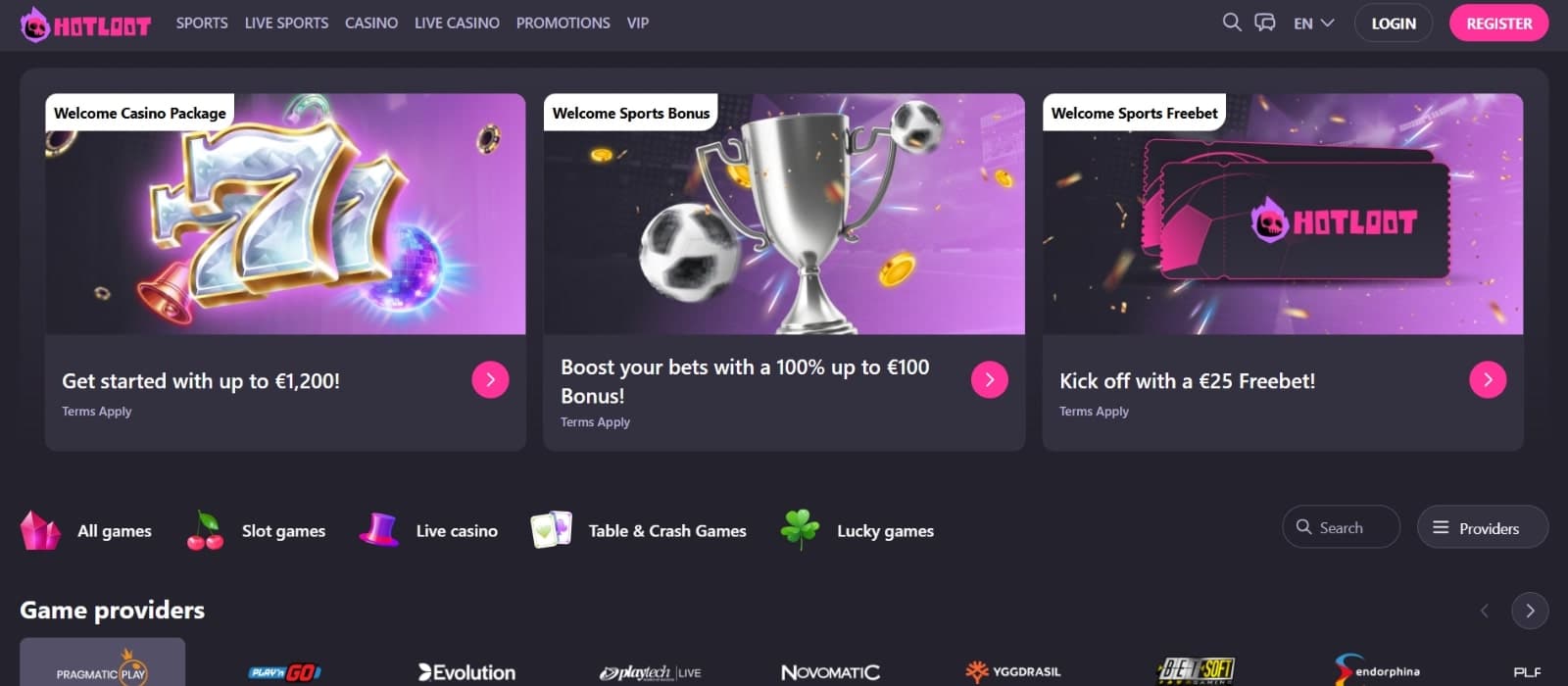 HotLoot Casino's landing page featuring the three welcome bonus options above the game categories and game providers