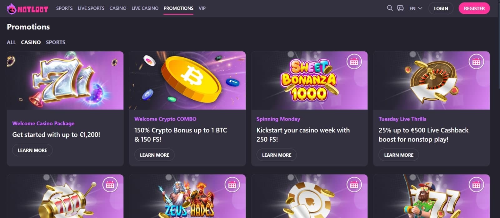 HotLoot Casino's promotions page listing the welcome bonus, crypto bonus, reload offers, and live casino bonuses available