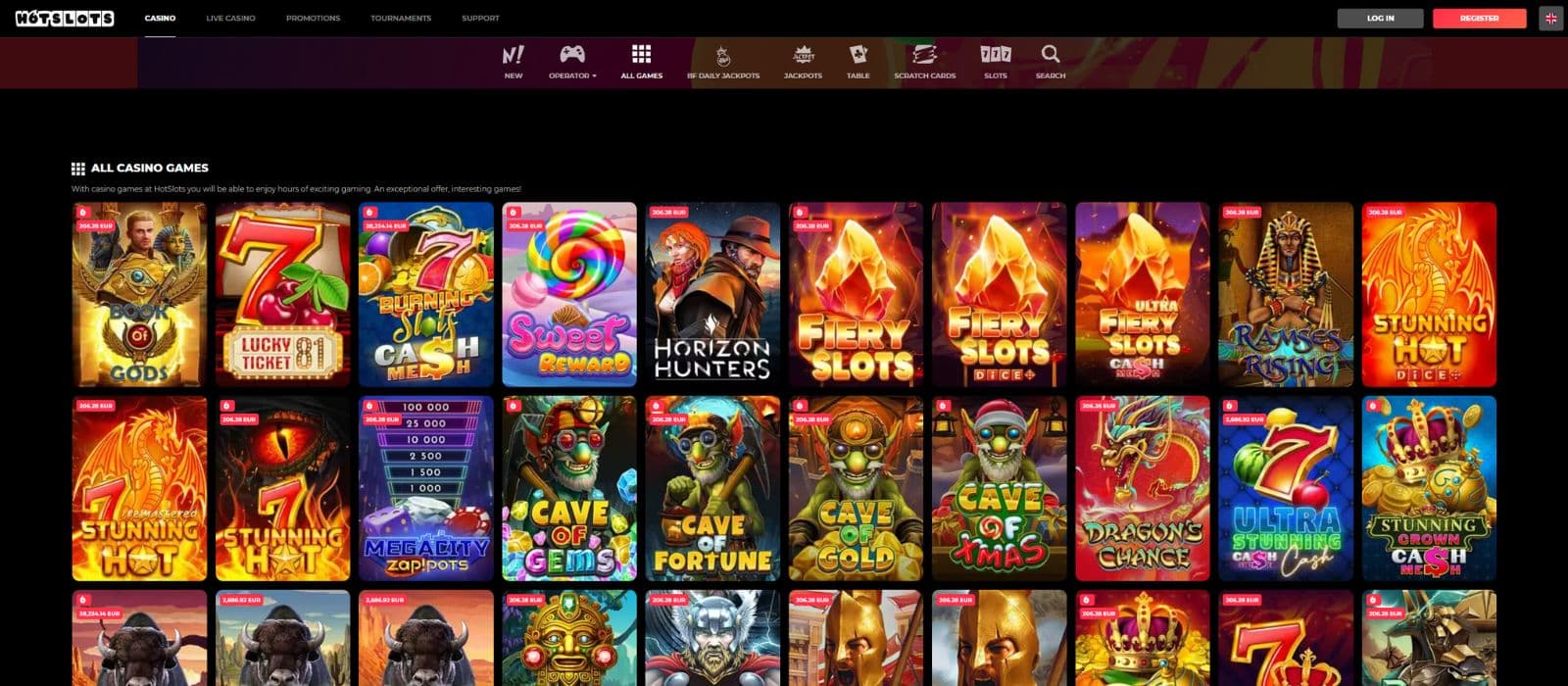 Hotslots games page showing a selection of slot games and the different game categories