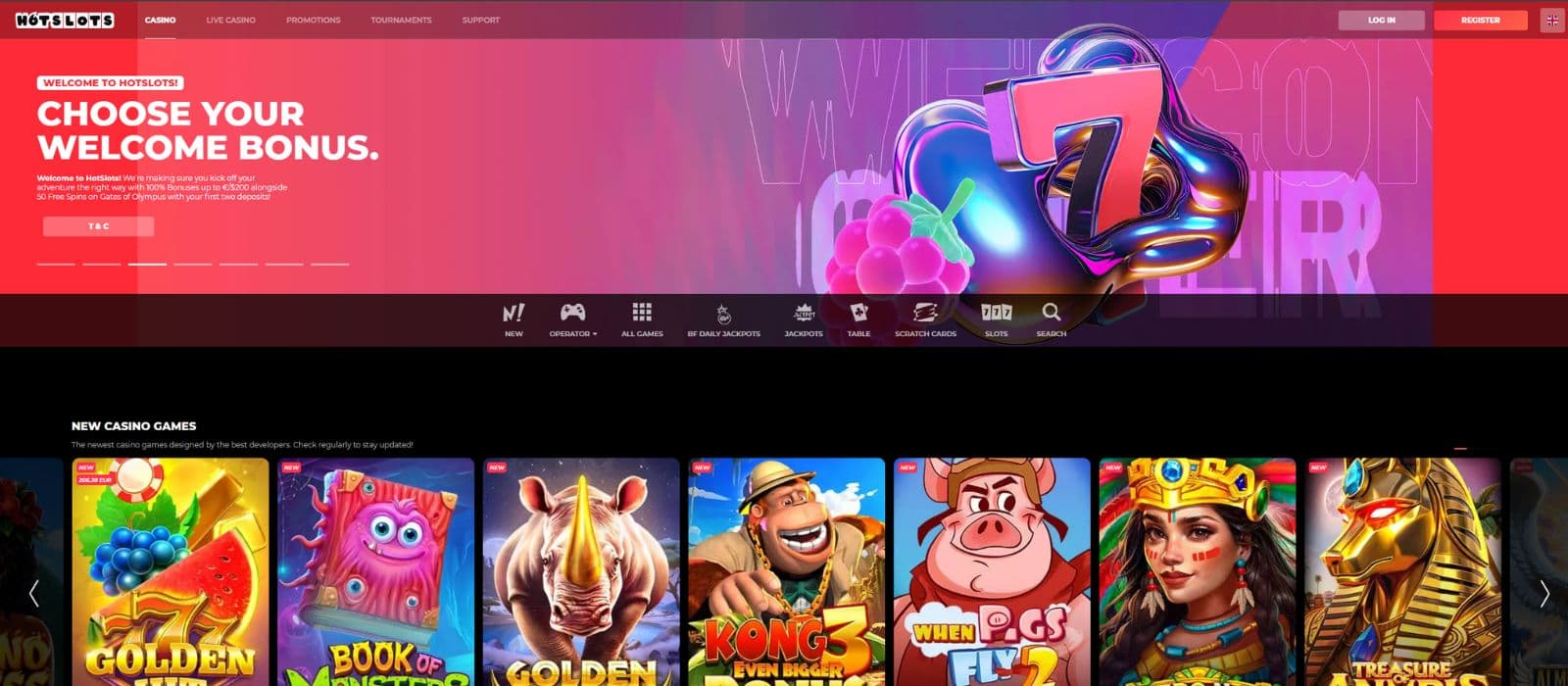 Hotslot landing page showing the bonus banner, main menu and the game categories