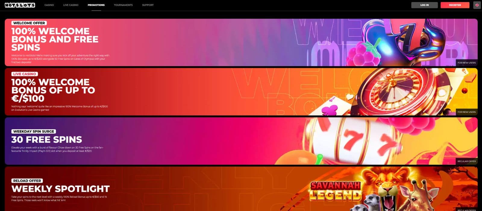 Hotslot Casino promotions page showing the available welcome bonuses and other promotions