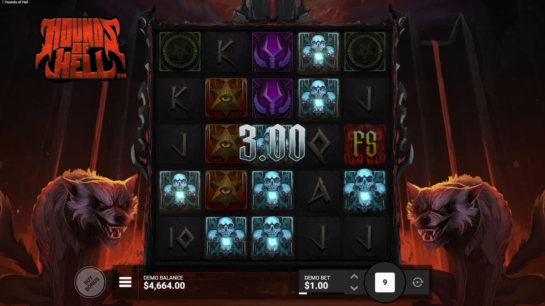 Base Game showing a 5x5 grid on a background depicting hell and two hounds on both sides.