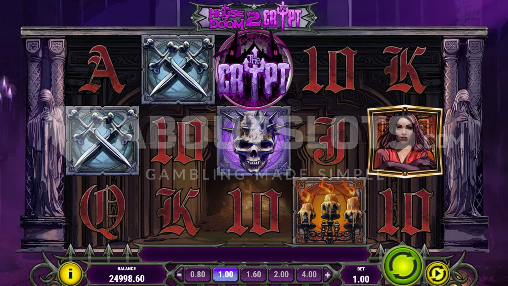 Base Game view of a 5x3 grid on a backdrop of an ominous crypt with hooded statues on either side.