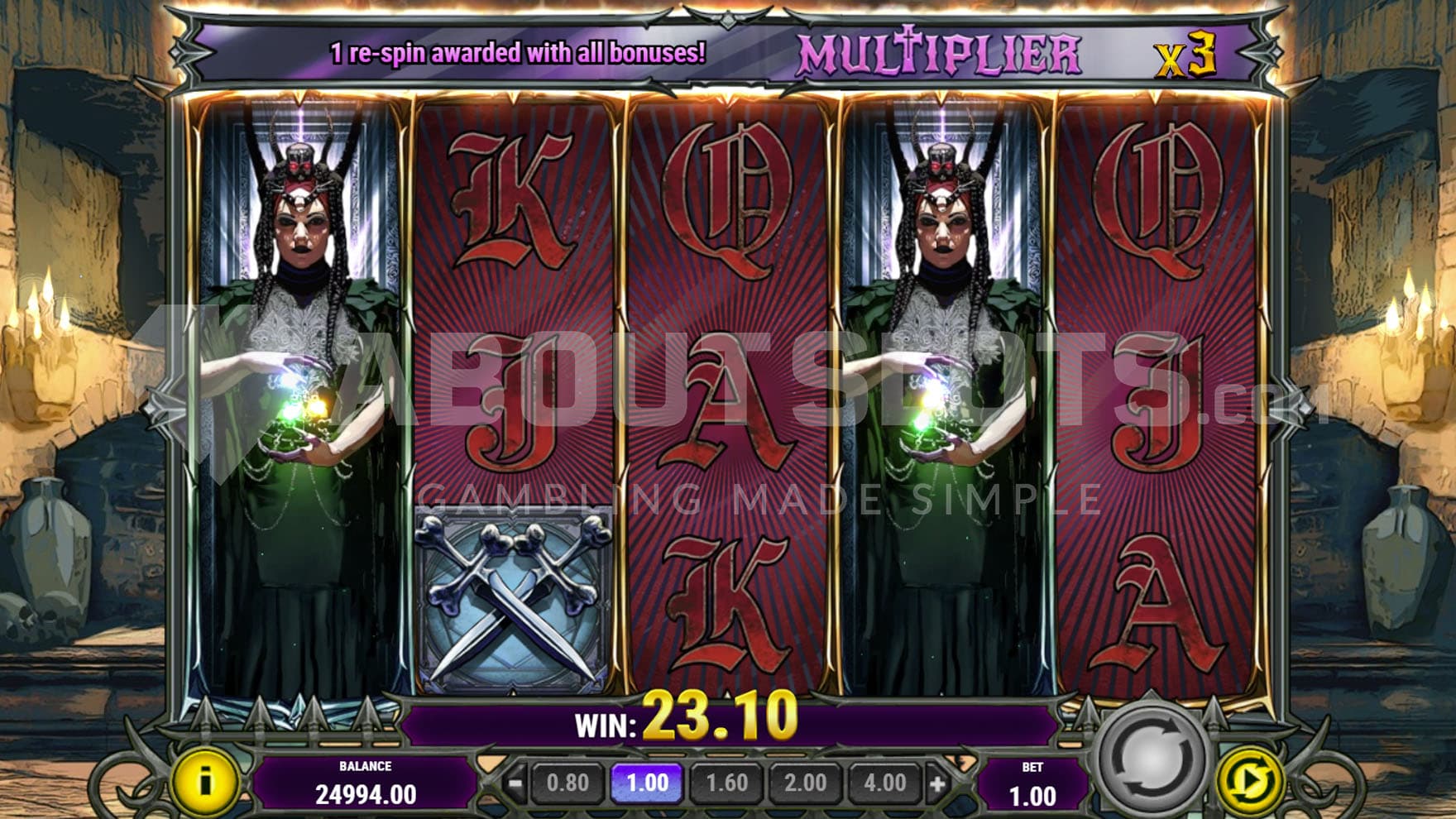Crypt Spins bonus in progress, showing two Wilds expanding on reels 1 and 4, while awarding an x3 win multiplier.
