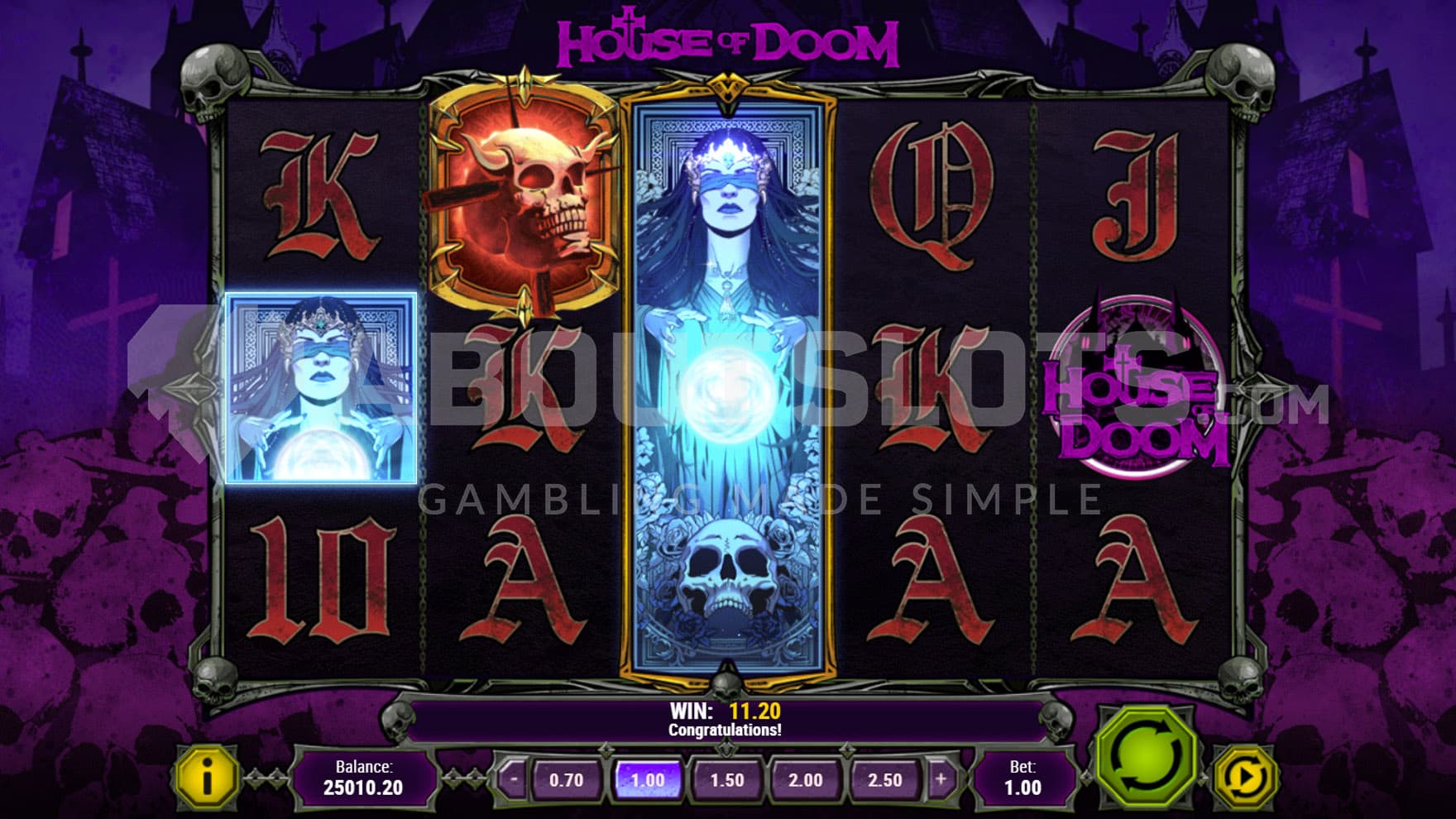 Base Game view of a 5x3 grid on a purple backdrop with a skull pattern.