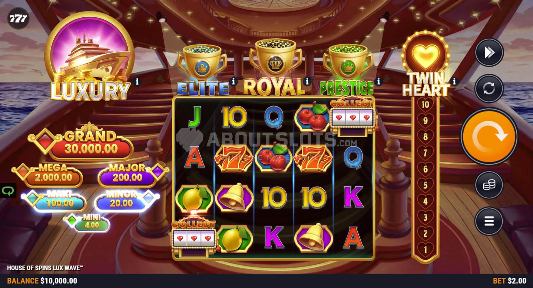 Screenshot of the base game, showing a 5x4 grid on a backdrop of a luxurious yacht.