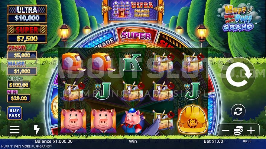 A casino slot with the three little pigs and the big bad wolf.