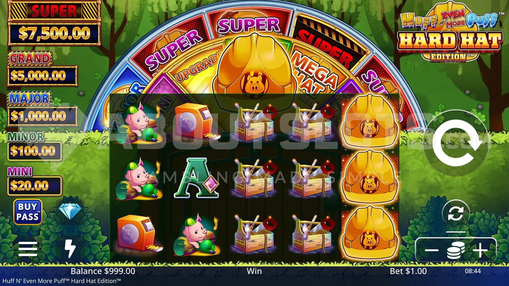 A casino slot with the three little pigs and the big bad wolf.