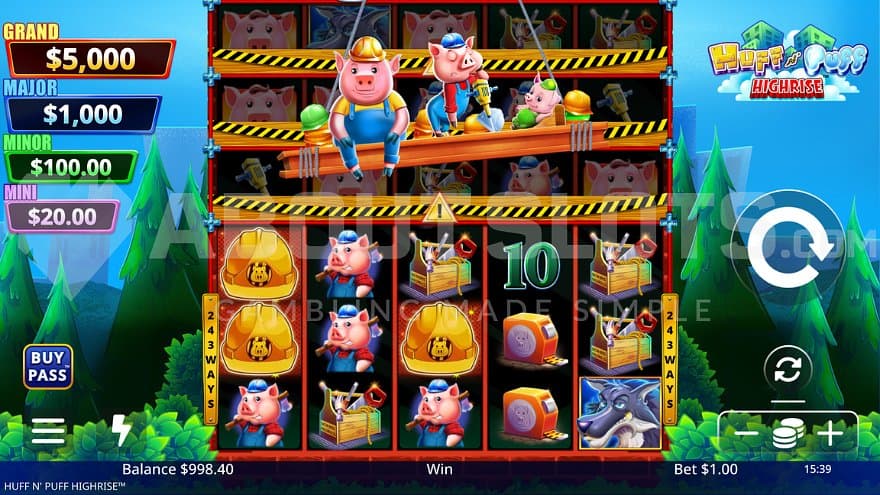 A casino slot with the three little pigs constructing a building.