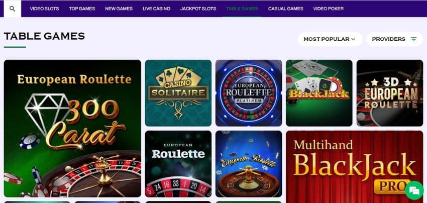 Table games page, showing games like variations of roulette, casino solitaire and blackjack