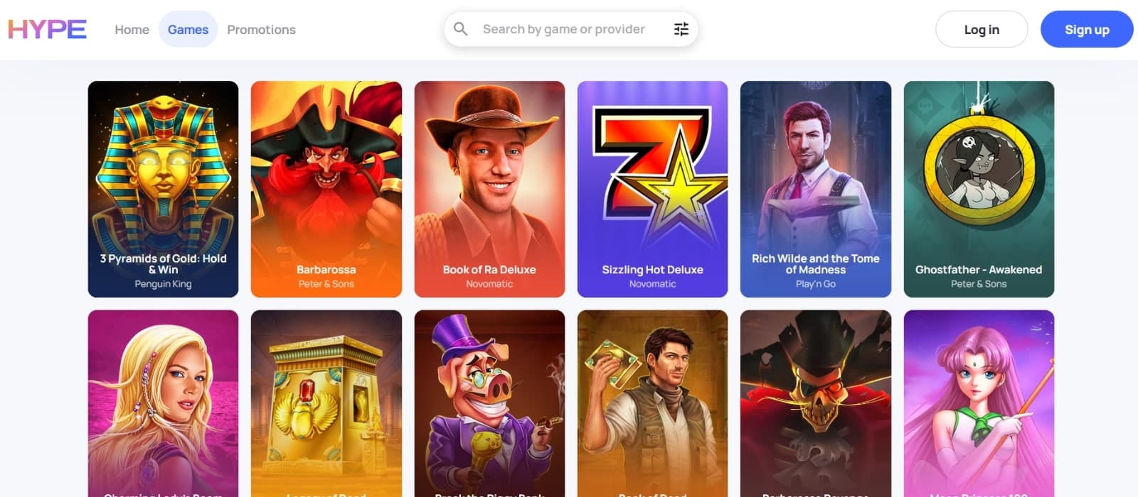 HypeKasino games page featuring the slots and live casino games, including Book of Ra Deluxe, Rich Wilde, and Barbarosa