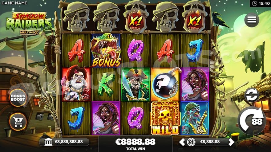 Five reels with three rows next to some pirate ships.