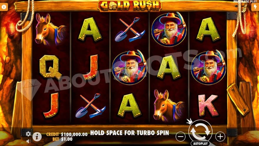 Base game with three miner and two donkey symbols on the reels.