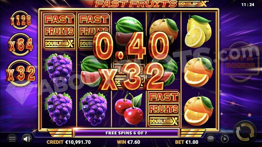 A win of 0.40 being multiplied by 32 in the Free Spins.