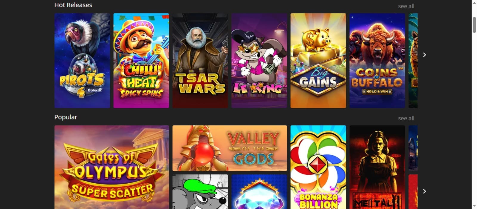 iBet Casino games page with various slot game icons and slot game categories