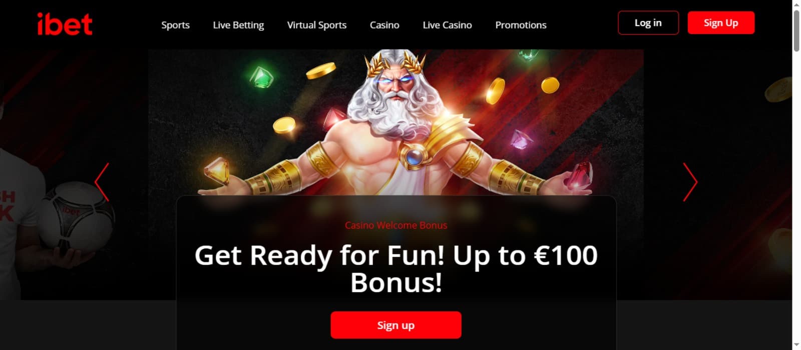 iBet Casino landing page with the welcome bonus offer banner with gates of Olympus slot image and top navigation menus