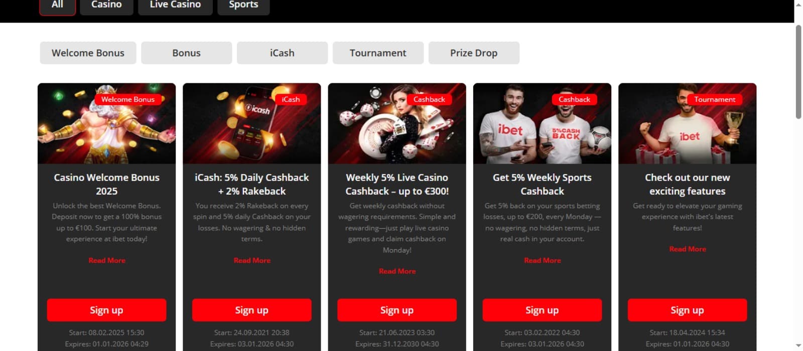 iBet Casino promotions page with various bonus offer banners divided into categories and top navigation menus