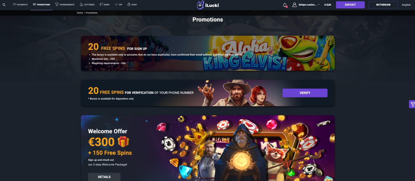 iLucki Casino promotions page displaying the welcome bonus, free spins offers, and ongoing promotional campaigns