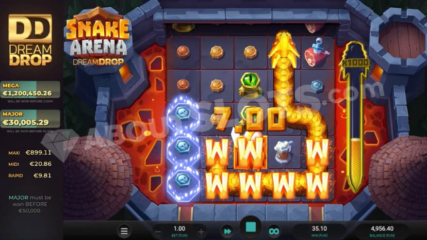 Free Spins bonus game being active with a large snake creating many wilds on the reels.