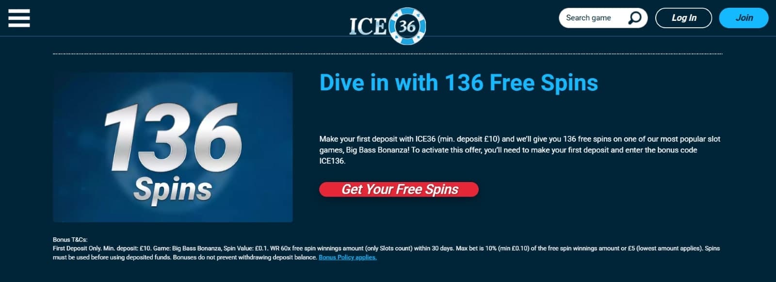 Ice36 Casino promotions page listing the other welcome bonus of 136 free spins