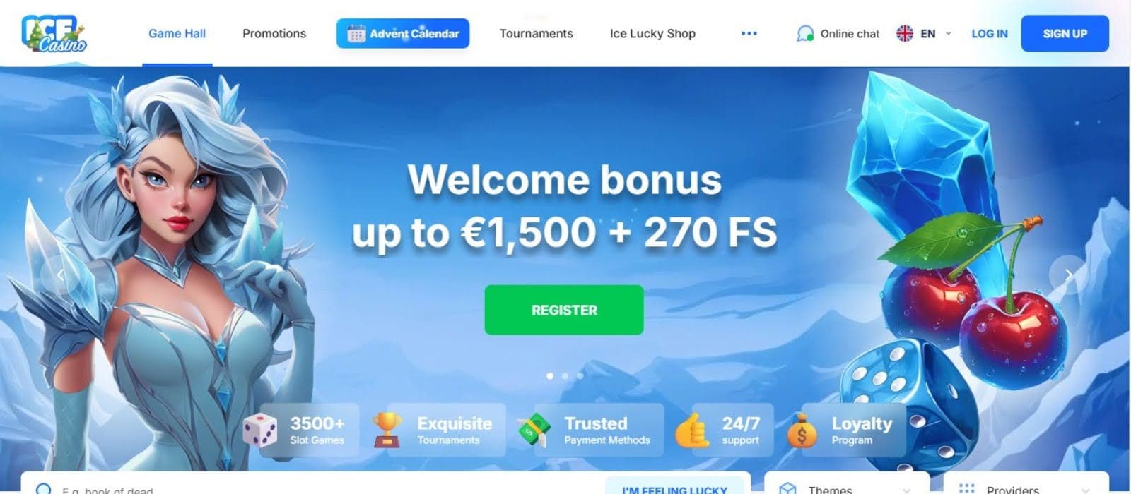 Ice Casino's homepage, showing the welcome bonus besides a game avatar