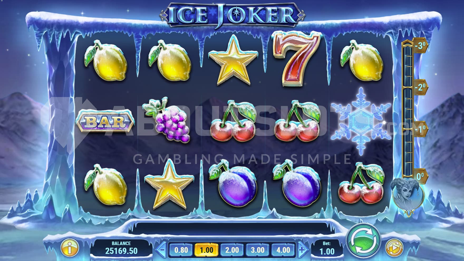 Base Game view of a 5x3 grid on a backdrop of a frozen landscape.