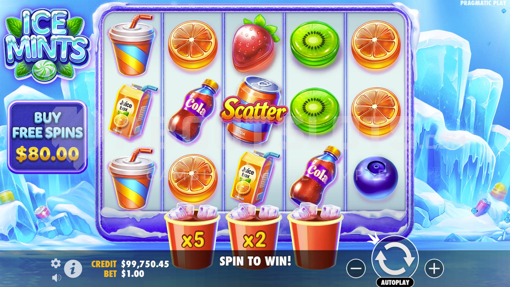 Base Game view of a 5x3 grid on a backdrop of a giant glacier and 3 red cups standing in front of it.