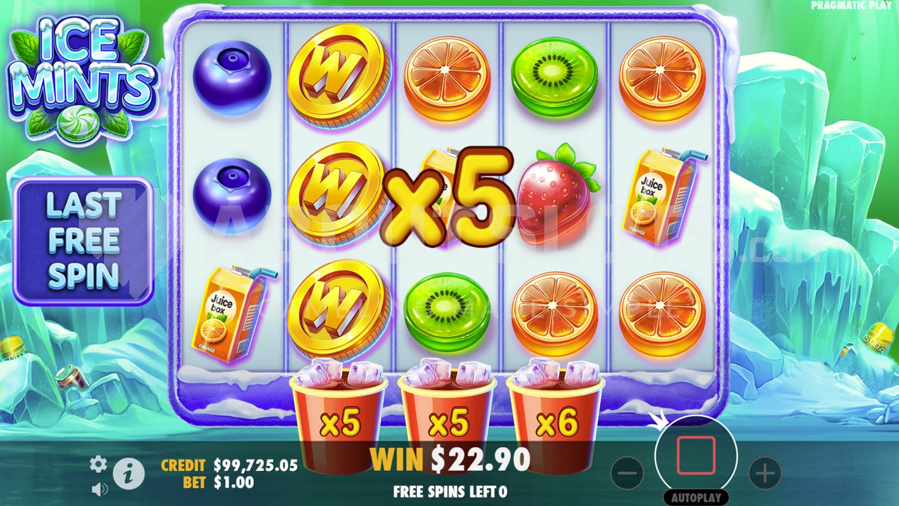 Free Spins bonus in progress, showing several multipliers on the red cups and an expanded Wild on reel 2.