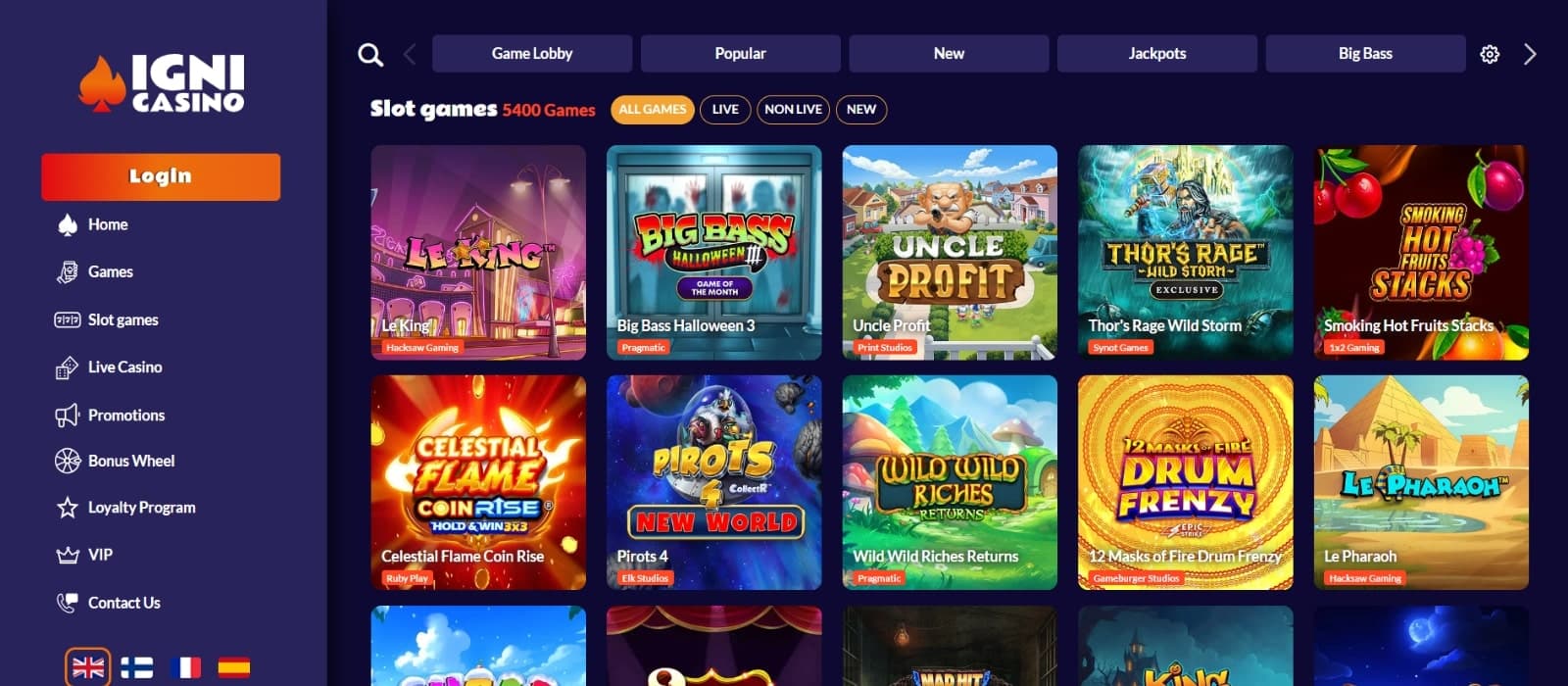 Igni Casino's games page displaying slots, live games, jackpots such as Le King and Big Bass Halloween