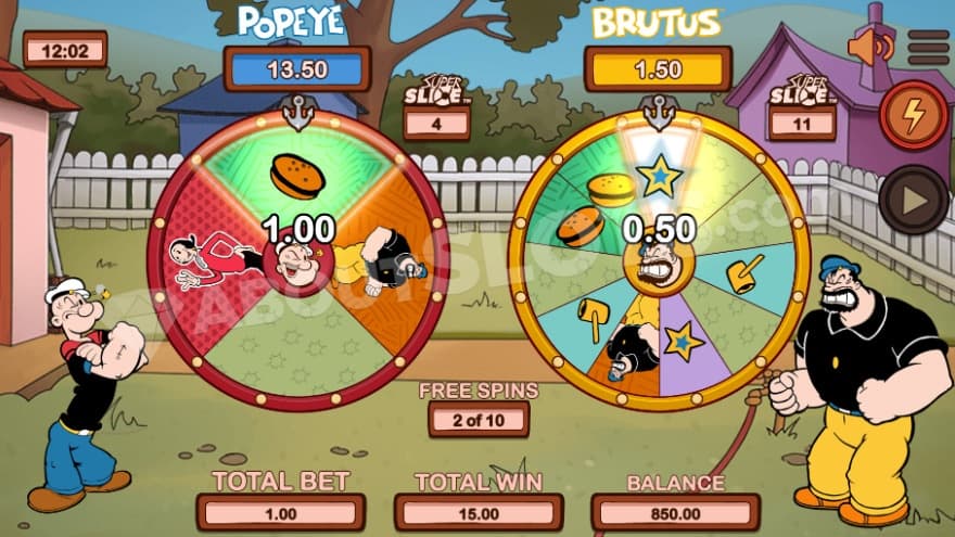 Popeye vs Brutus Free Spins where two wheels are shown.