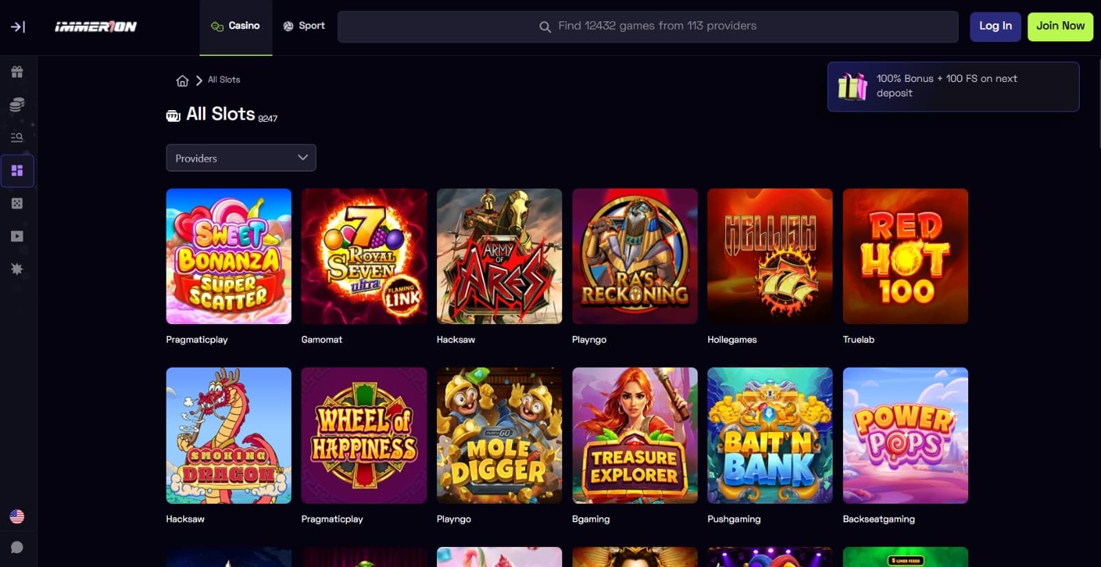 Immerion Casino games page with the slot game icons and a search bar for filtering games and other categories