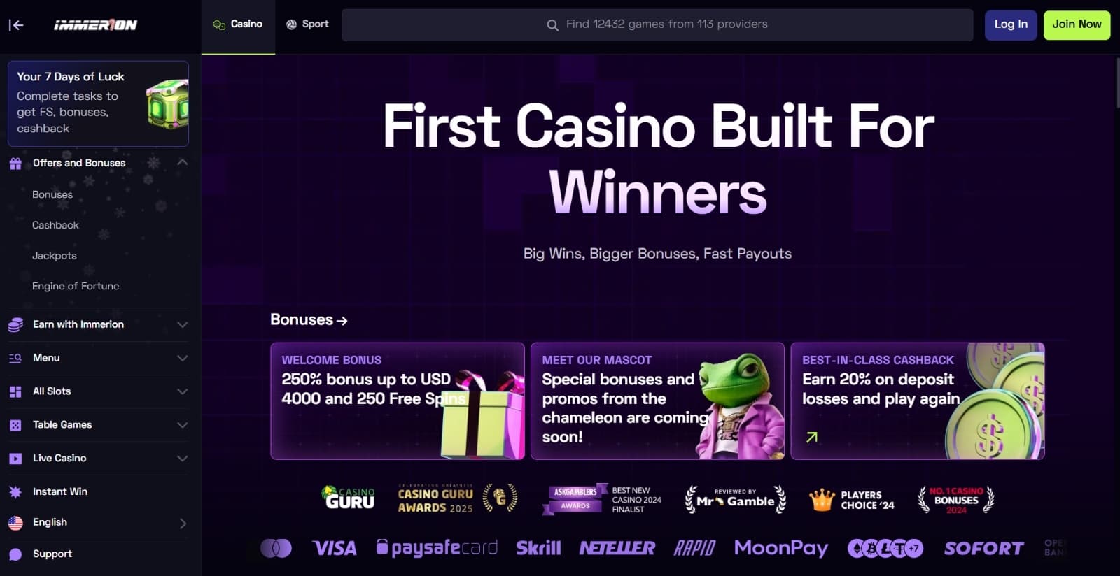 Immerion Casino landing page with the welcome and other bonus offer banners with side navigation menus