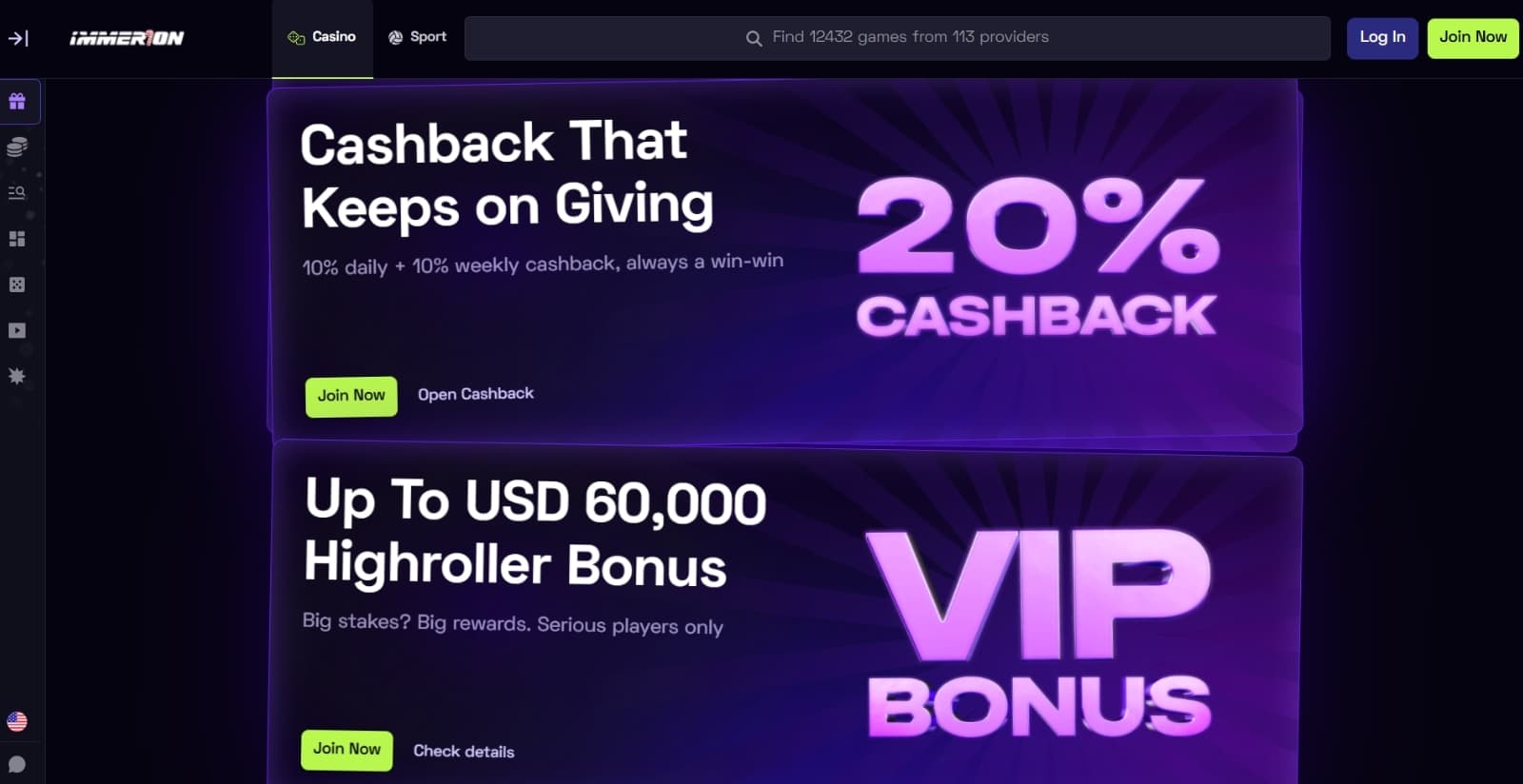 Immerion Casino promotions page featuring the 20% cashback and VIP bonus offers