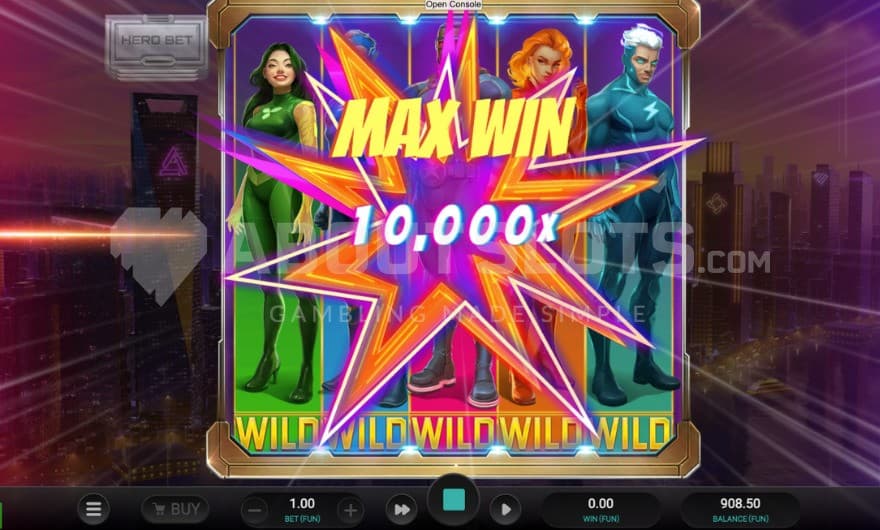 Hero spin feature with a max win of 10,000X being presented on the screen.