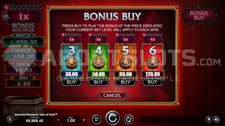 A screen offering Free Spins features from 30x to 120x the bet.