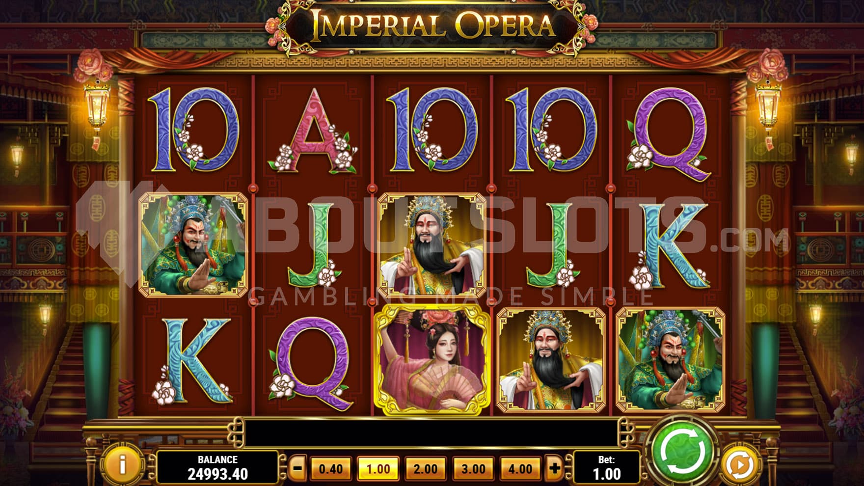 Base Game view of a 5x3 grid on a backdrop of a luxurious interior of an Asian opera house.