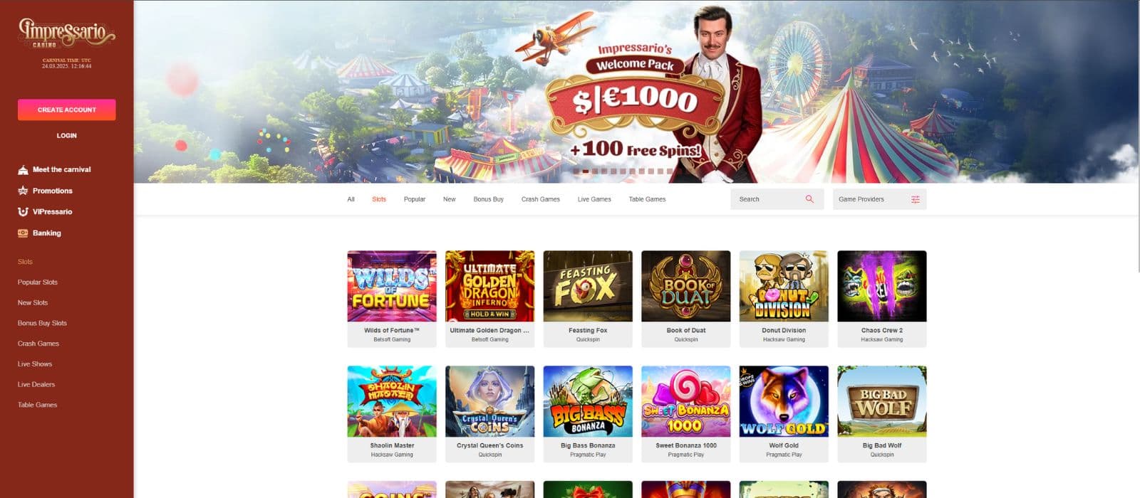 Impressario Casino games page showing a selection of slot games