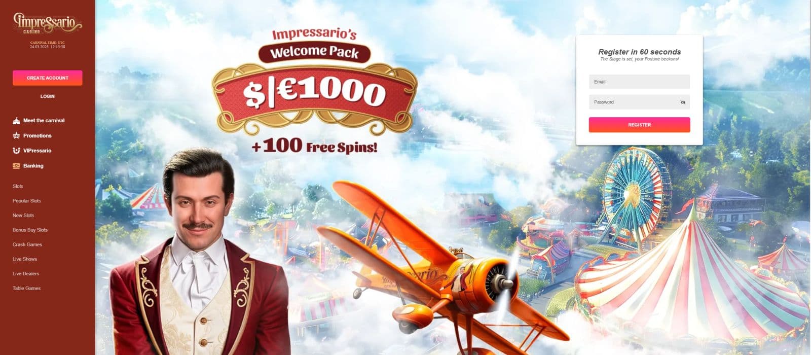 Impressario Casino landing page showing the welcome bonus offer,registration form and the main menu to the left.