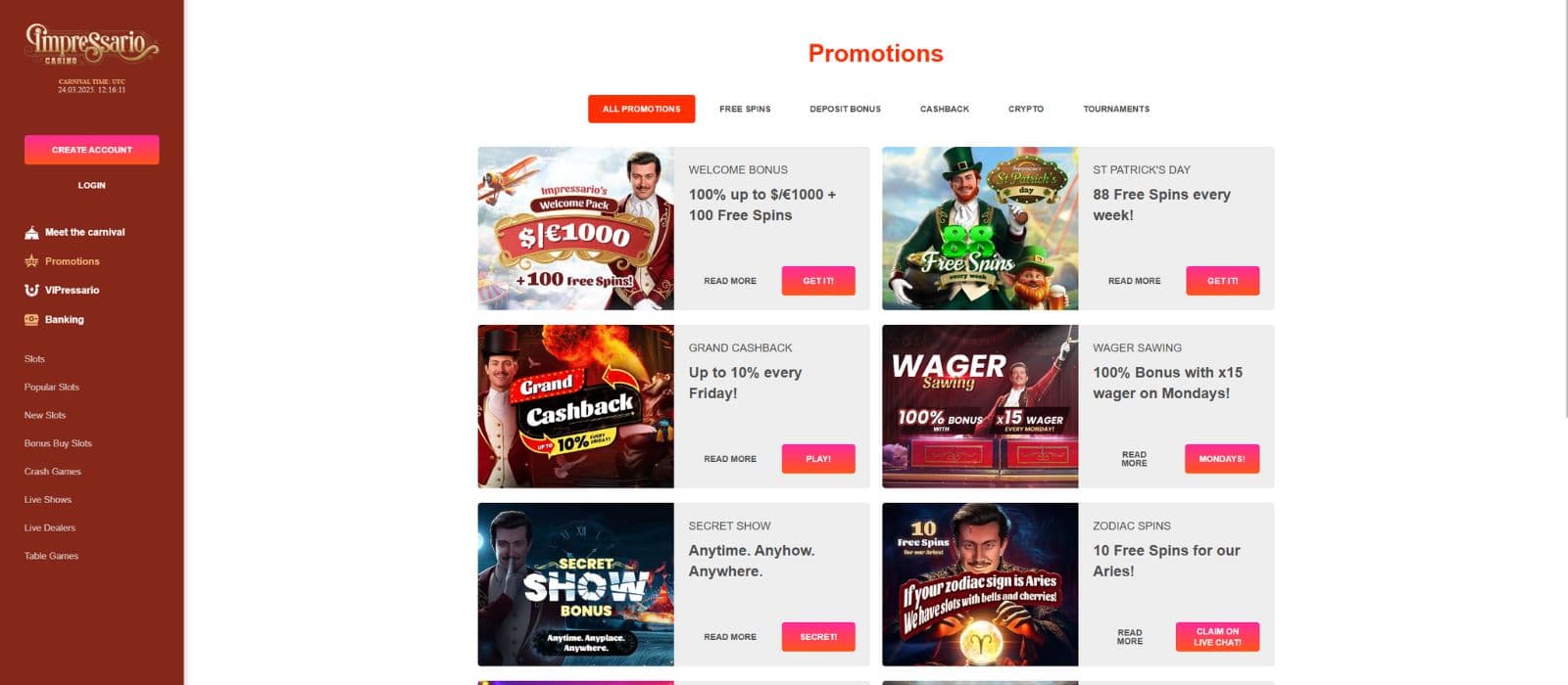 Impressario Casino promotions page with the available bonuses and promotions