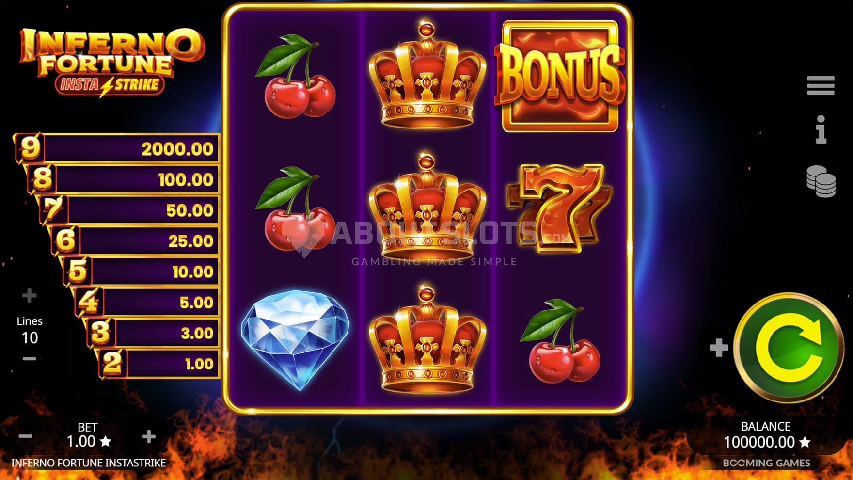 Base Game view of a 3x3 grid on a black backdrop with fire burning at the bottom.