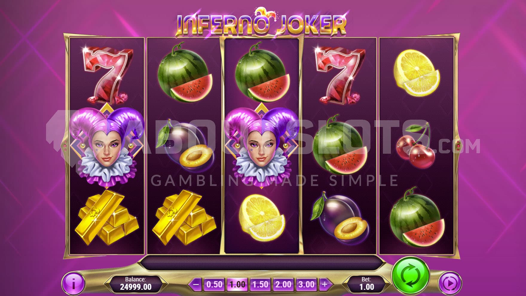 Base Game view of a 5x3 grid populated with fruit and casino symbols on a plain purple backdrop.