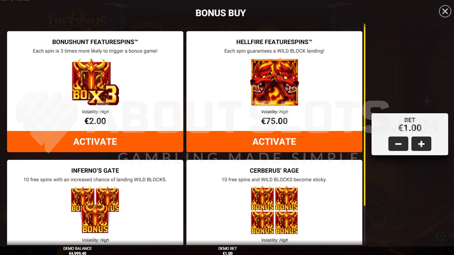 A menu offering features for fixed prices.