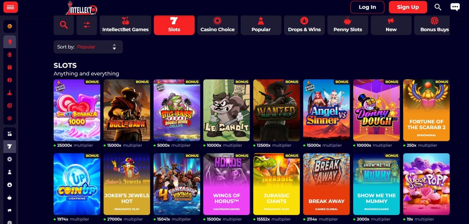 IntellectBet Casino games page listing the many slots titles supported, including Duel of the Dawn, Le Bandit, Sugar Pop and many others