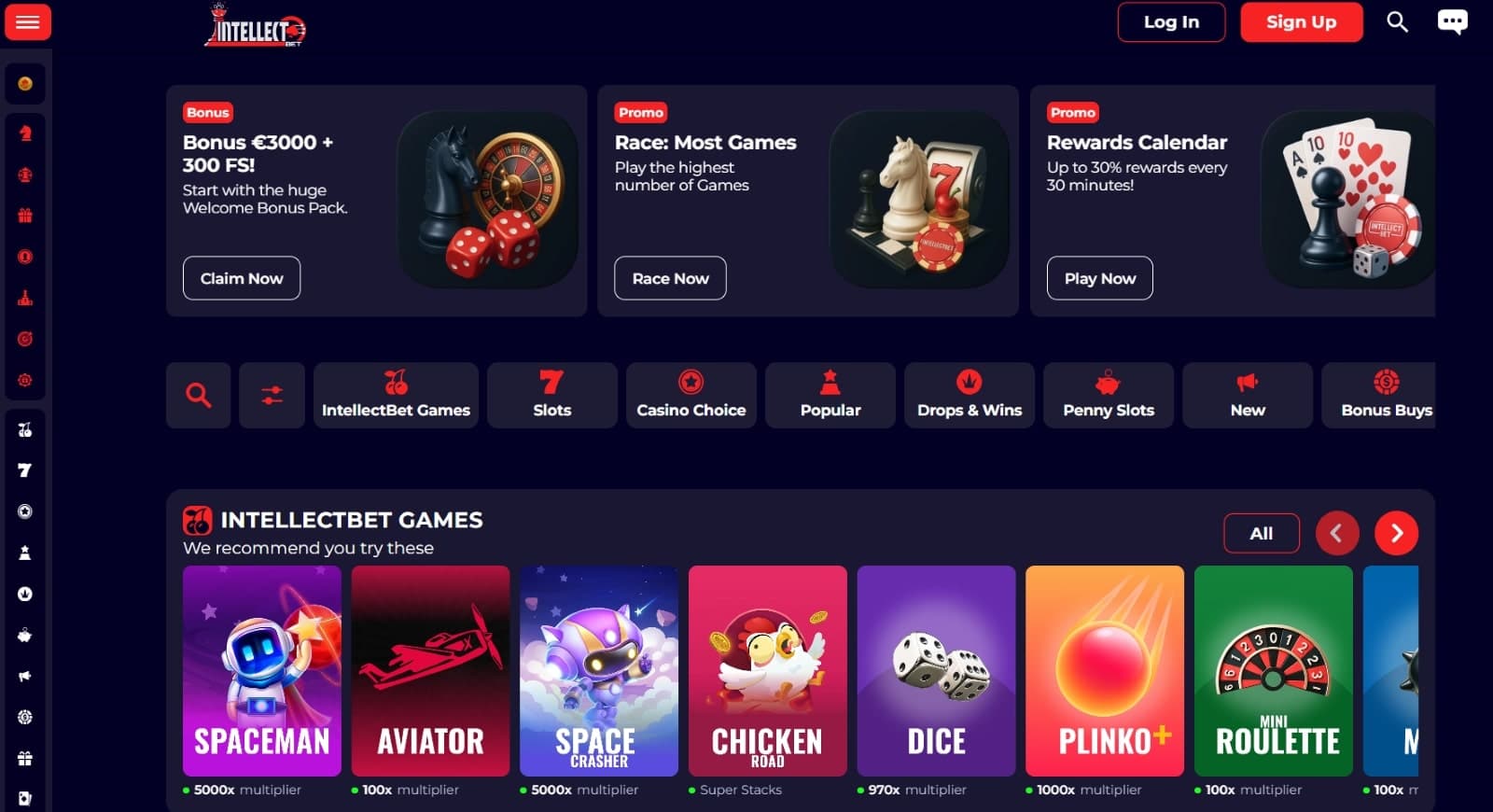 IntellectBet Casino landing page listing the welcome bonus, rewards calendar and game categories