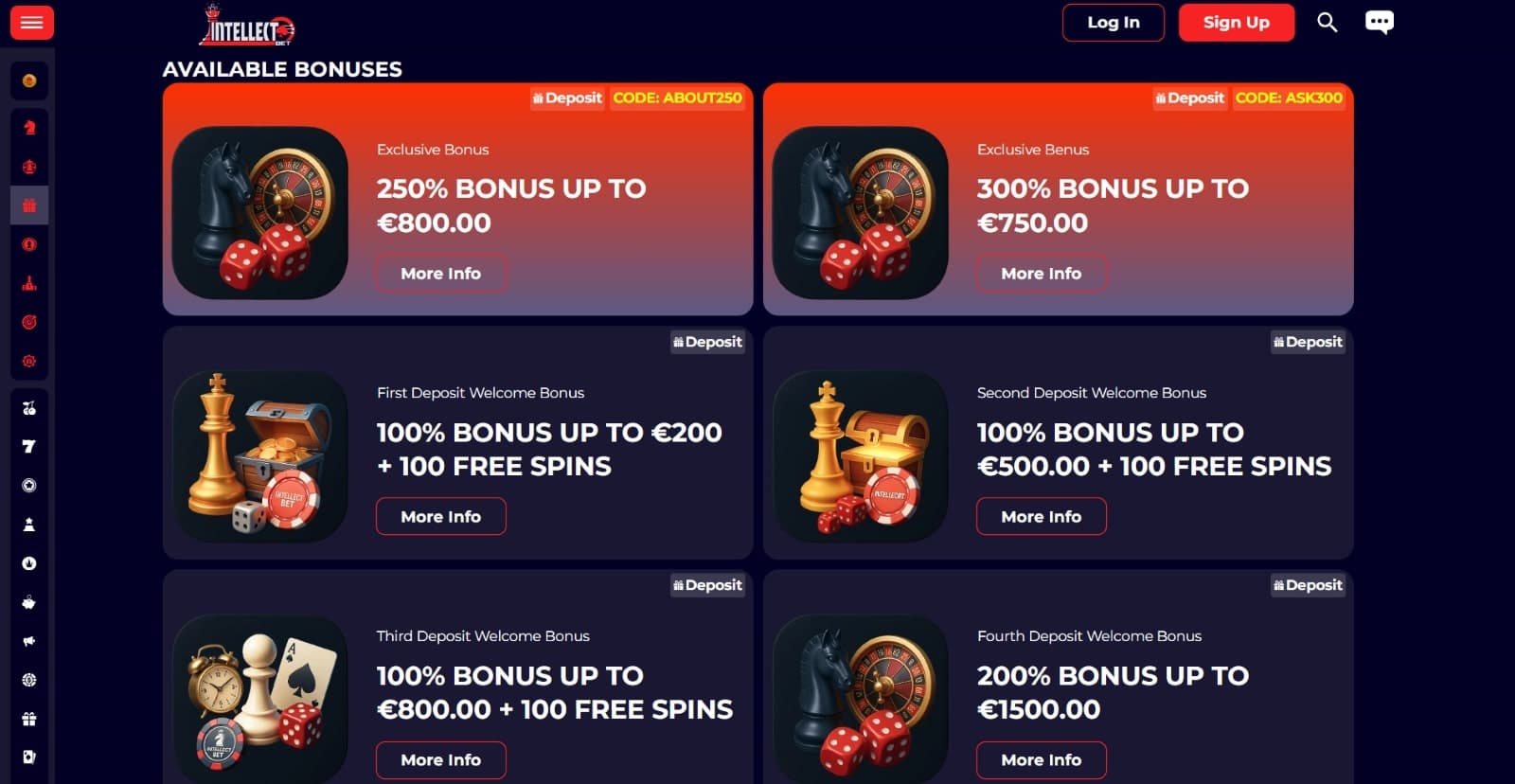 IntellectBet Casino promotions page featuring the exclusive welcome bonuses of 250% up to 800 euros and standard four deposit bonuses