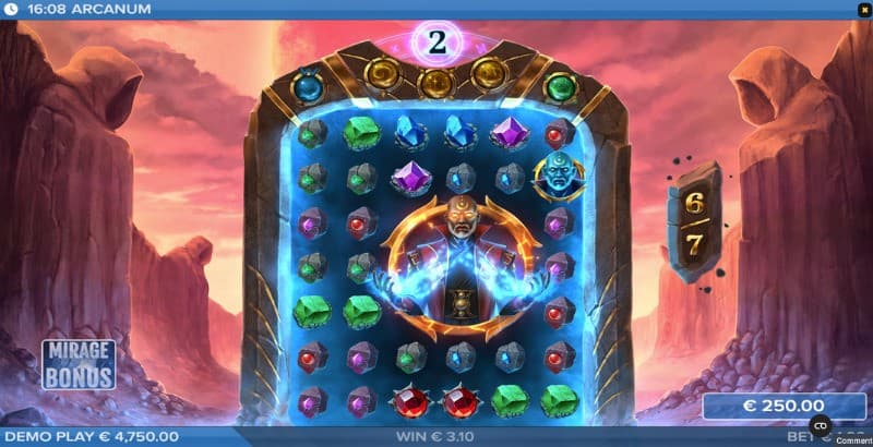 Mirage Bonus feature being active with a 3X3 wild symbol being present on the reels.