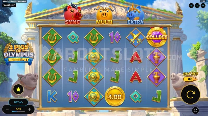 Base game with a collect symbol on the last reel.