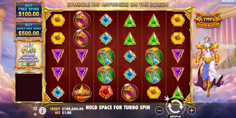 Base game where Zeus can be seen on the right side of the reels.