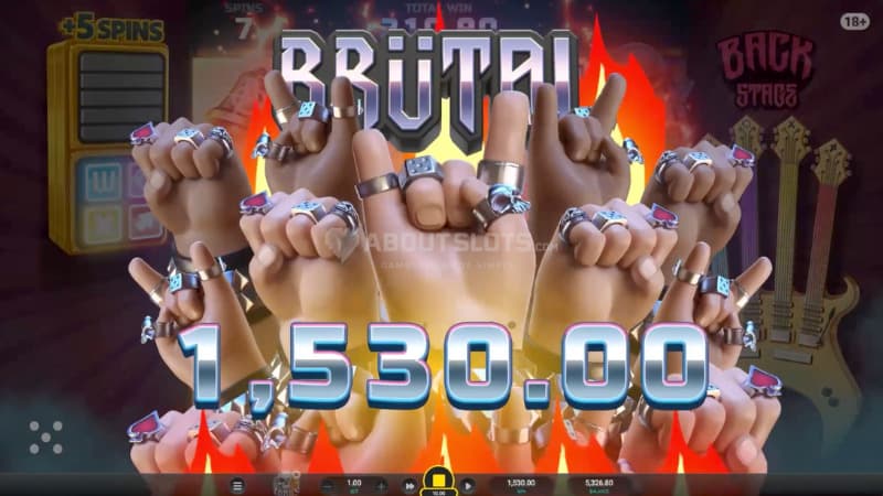 A big win screen being present with several hands showing the rock sign together with a total win of 1,530.