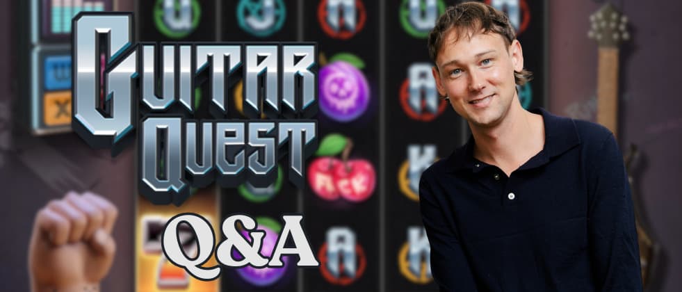 Banner showing a metallic logo of Guitar Quest, and Oscar Persson is on the right side of it.